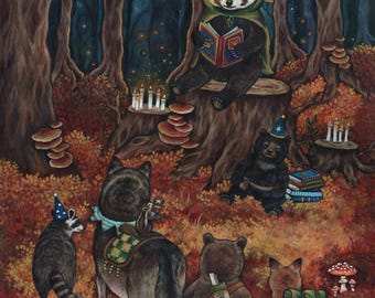 May include: A whimsical illustration of woodland creatures gathered in a forest. A red panda in a green hooded cloak reads a book. Other animals, including bears, a raccoon, and a fox, wear party hats and carry backpacks.
