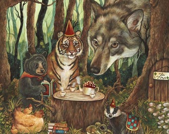 May include: A detailed illustration of a forest scene featuring a large wolf, a tiger, a bear, a badger, a frog, and a chicken, all wearing party hats. They are gathered around a tree stump table with a teapot and cups. A sign reads Tea Time.