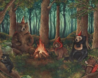 May include: An illustration of several bears gathered around a campfire in a forest. The bears are wearing hats and capes. The artwork has a whimsical, storybook style, with warm colors and detailed textures.