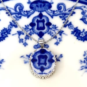 Silver 1920s Antique Cauldon Blue and White Broken China (Made in England) One-of-Kind Elegant Sterling 925 earrings , Best Gift for Her
