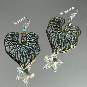 Heart leaf filagree earrings with swarovski crystals and sterling silver ear wires