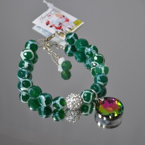 Green fire agate & sterling silver bracelet w rhinestone embellished disco ball