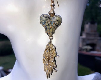 Dangling gold leaf earrings with lamp work hearts
