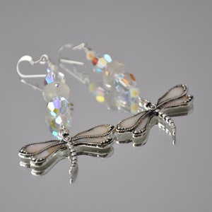 Dragonfly mother of pearl crystal earrings with swarovski crystal and sterling silver ear wires