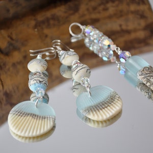 Seashell earring and pendant set , with swarovski crystal and hand made shell beads on sterling silver ear wires