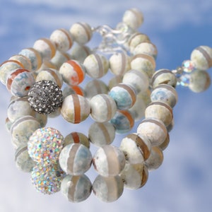 Cream agate & sterling silver bracelet w rhinestone embellished disco ball