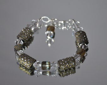 Crystal embellished bronze pocket bracelet w swarovski crystals , sterling silver chain w wrist pendant.