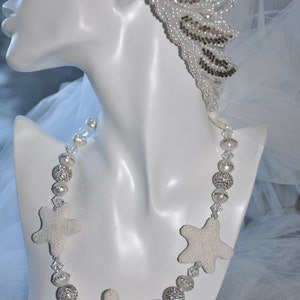 White Lava Starfish Necklace , fresh water pearls embellished with rhinestones, czech crystal & swarovski crystal