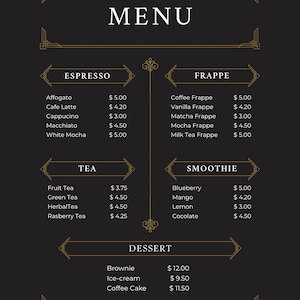 Placa de menu para impressão de café DIY, lista de preços, sinalização, modelo de pôster para cafeteria, café, estilo quadro-negro