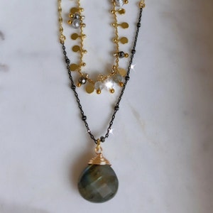 14K Gold- Filled Labradorite Charm Necklace (The Antique Labradorite) Shimmy Necklace, Labradorite Necklace, pearls, Gold Jewelry