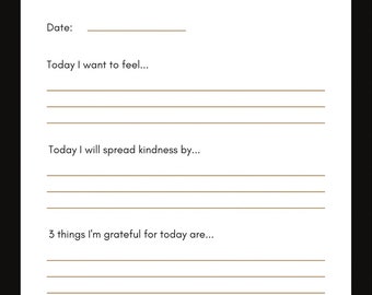 Peut inclure: Une page de journal blanche avec les mots "Morning Gratitude" dans une police décorative. Le journal comprend des invites pour la réflexion quotidienne, telles que "Aujourd'hui, je veux me sentir..." et "3 choses pour lesquelles je suis reconnaissant aujourd'hui sont...". La phrase "Le bonheur est une habitude" est en bas.