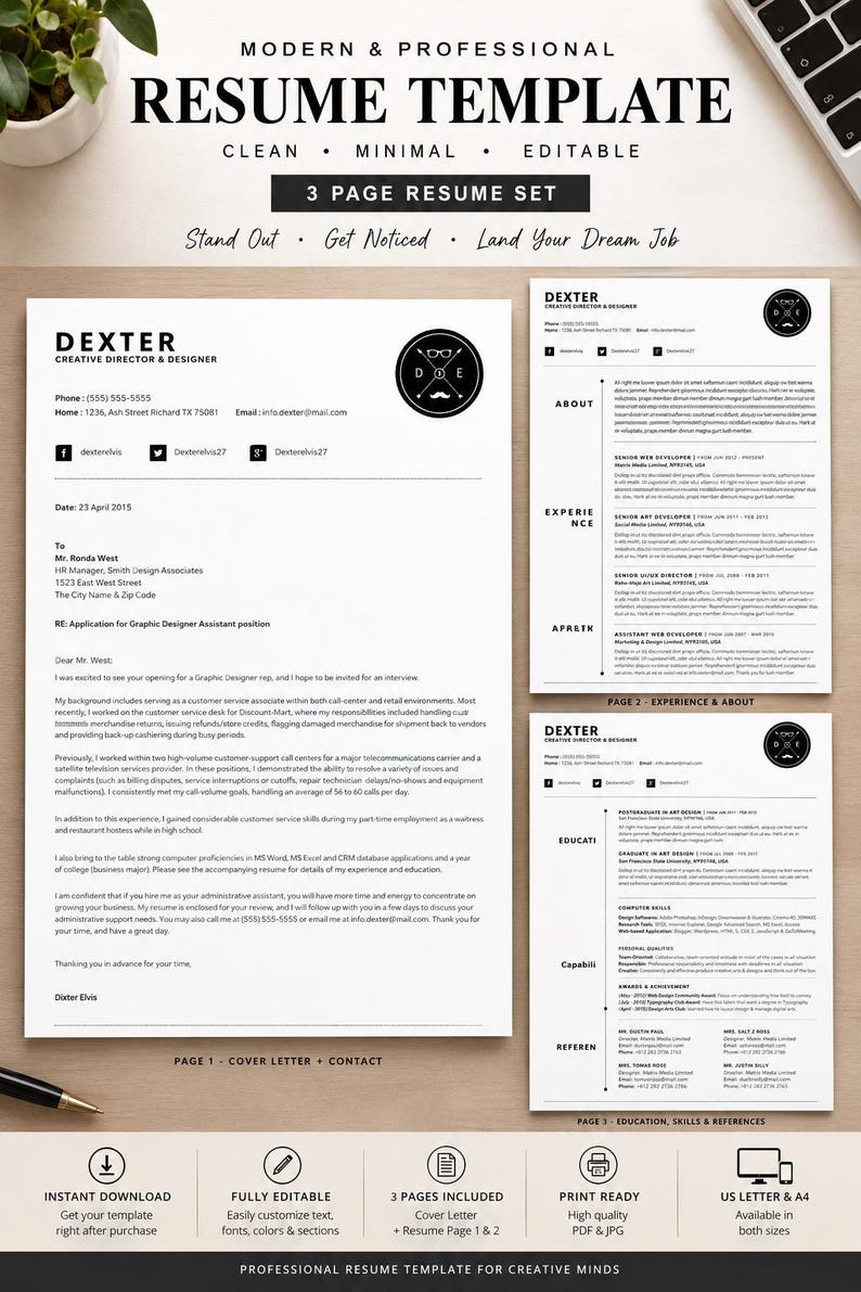 Professional CV Template, Editable Resume & Cover Letter, Minimalist ...