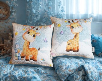 Handmade Decorative Pillow Case Giraffe, Charming Playroom Accent, Kids Room Decor, Sofa Accent, Quilted Pillow, Children's room Decor