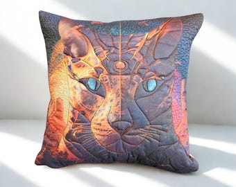 May include: Square decorative pillow featuring a stylized cat face with blue eyes. The design incorporates orange, brown, and blue hues, with intricate quilted details. The pillow has a dark background and a detailed, artistic aesthetic.