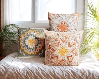 Unique Fabric Patchwork Pillow, Abstract Geometric Cushion, Artisan Crafted Decor, Decorative Pillow Sham, Handmade Decorative Throw Pillow