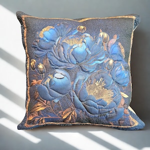 Blue Peonies Quilted Pillow Cover, Floral Decorative Cushion, Unique Handmade Throw Pillow, Modern Home Decor Gift, Cottagecore Decor
