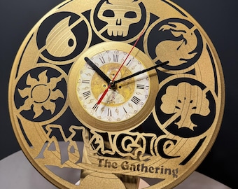Magic The Gathering Gold Vinyl Record Clock: MTG Wall Art, Fantasy Card Game Decor