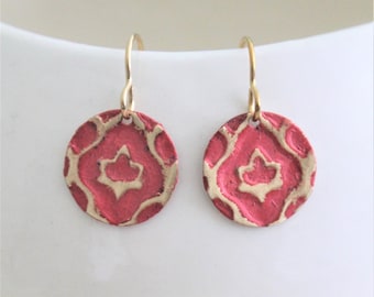 Coral Earrings, Hot Pink Earrings, Dainty Earrings, Small Earrings, Petite Earrings, Embossed Earrings, Vintaj Earrings, Boho Earrings