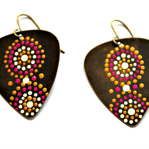 Guitar Pick Earrings, Guitar Pick Jewelry, Aboriginal Dot Art, Vintaj Earrings, jewelry with dots, Hand Painted Jewelry, Brass Jewelry