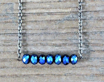 Bar Necklace, Blue Bar Necklace, Bar Necklaces for Women, Layering Necklace, Beaded Bar Necklace, Crystal Necklace, Adjustable Necklace
