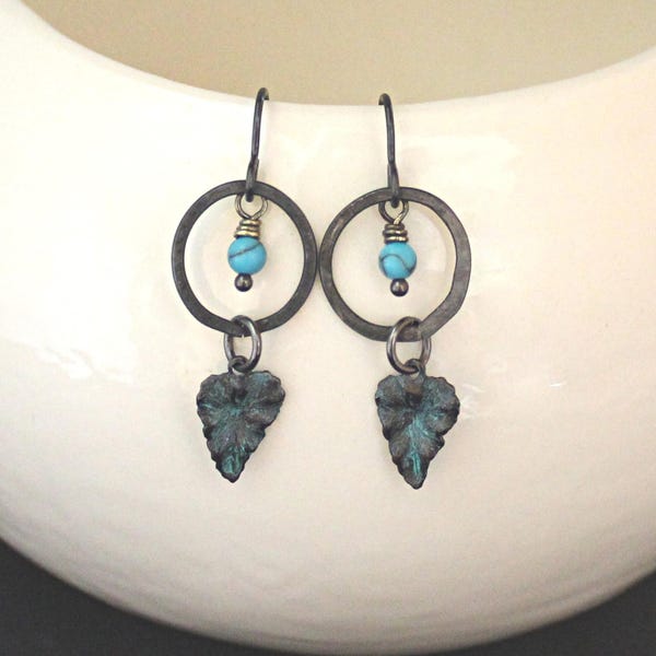 Leaf Earrings, Botanical Earrings, Leaf Dangle Earrings, Verdigris Leaf Earrings, Turquoise Howlite Earrings, Woodland, Black Leaf Earrings