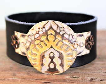 Leather Bracelet, Leather Cuff Bracelet, Ethnic Bracelet, Leather Bracelets for Women, Boho Bracelet, Embossed Bracelet, Spiritual Bracelet