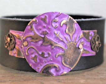 Leather Cuff Bracelet, Purple Bracelet, Brass Bracelet, Boho Bracelet, Leather Bracelets for Women, Embossed Bracelet, Gifts for Her