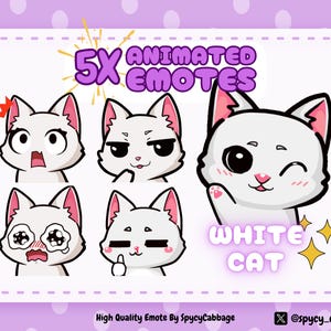 Animated White Cat Emotes: Twitch, YouTube, Discord (5x .GIF & .PNG)