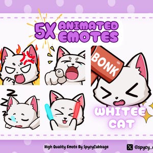 Animated White Cat Emotes: Twitch, YouTube, Discord (5x .GIF & .PNG)