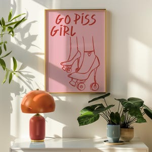 Go Piss Girl Funny Bathroom Print Trendy Wall Art Cute Bathroom retro wall Deco Pink Bathroom Poster Pop Art Digital download Printable Art
