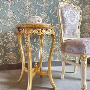 Gold French Style Side Table: Beige Marble Top, Rococo Accent Table