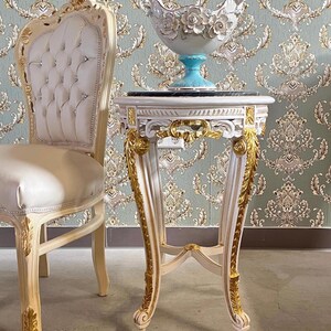 Gold Rococo Accent Side Table With Round Marble Top In Handmade