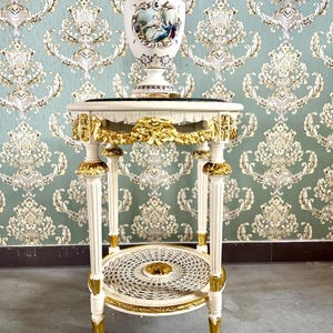 Round Side Table in White with Gold Foil Decor Wooden Side Table Black Marble Top French Antique Baroque Style Coffee Table for Home Decor