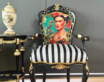 Wunderschöner Funky Stuhl: Barock-Stil Frida Kahlo Porträt bedruckter Samt Sessel LIMITED ED.