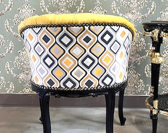 Fotel koktajlowy w stylu francuskim: pikowany aksamit w kolorze żółtym, krzesło barowe w stylu retro barokowym z nadrukiem kwiatowym