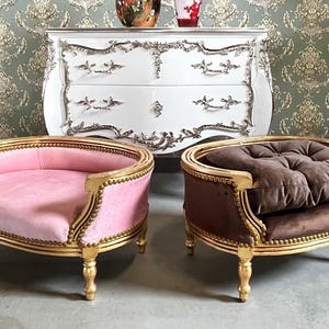 Pet Couch Wooden Baroque Style In Velvet Pink Handmade Small Dog Sofa in Velvet Chocolate Color with Gold Finish Perfect Gift For Dog Lovers