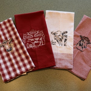 On The Farm Embroidered 100% Cotton Kitchen Towel; Red & White; Cows; Country Kitchen; Dunroven House; Made in the USA