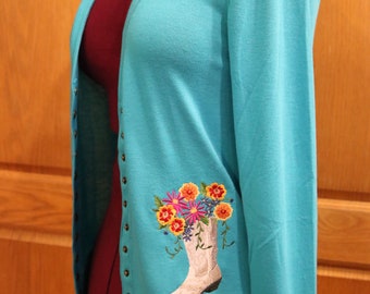 Spring Snap Front Cardigan - Teal Cowgirl Boot & Flowers