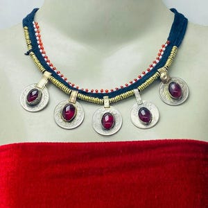 Handmade Kuchi Choker: Tribal Coin Necklace with Red Stone