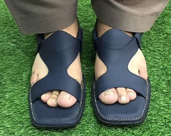 Men's Navy Leather Peshawari Sandals: Handcrafted Comfortable Chappal