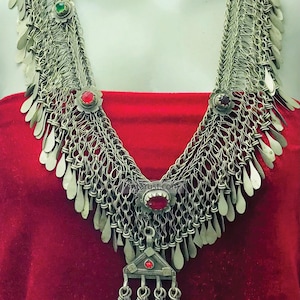 Vintage Kuchi Necklace: Afghan Silver Tone Chains, Colorful Stones