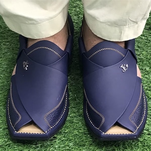 Handcrafted Men's Peshawari Chappal | Navy Blue Leather Sandals