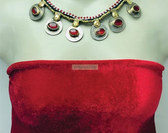 Handmade Kuchi Choker: Tribal Coin Necklace with Red Stone