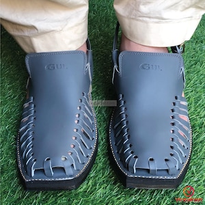 Blue Leather Peshawari Sandals: Handmade Mens Chappal
