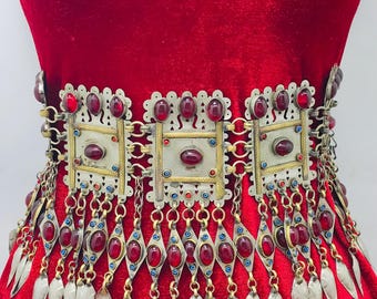 Vintage Turkman Kuchi Belt: Handmade Tribal Belly Dance Belt with Red Gemstones