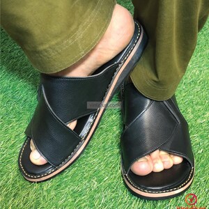 Handgjord svart läder Peshavari Chappal: Traditionell etnisk sandal bild 2