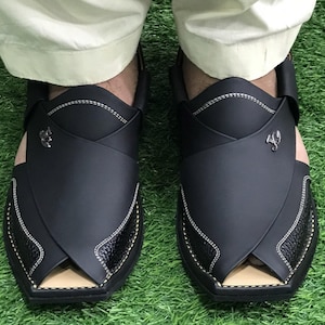Handmade Black Leather Peshawari Chappal | Traditional Sandals | Stylish Men&#39;s Ethnic Footwear | Comfortable Everyday Shoes