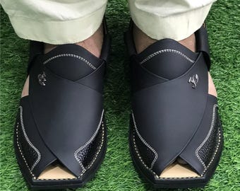 Handmade Black Leather Peshawari Chappal | Traditional Sandals | Stylish Men's Ethnic Footwear | Comfortable Everyday Shoes