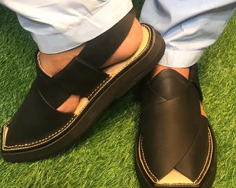Handcrafted Black Leather Peshawari Sandals: Elegant Gents Chappals