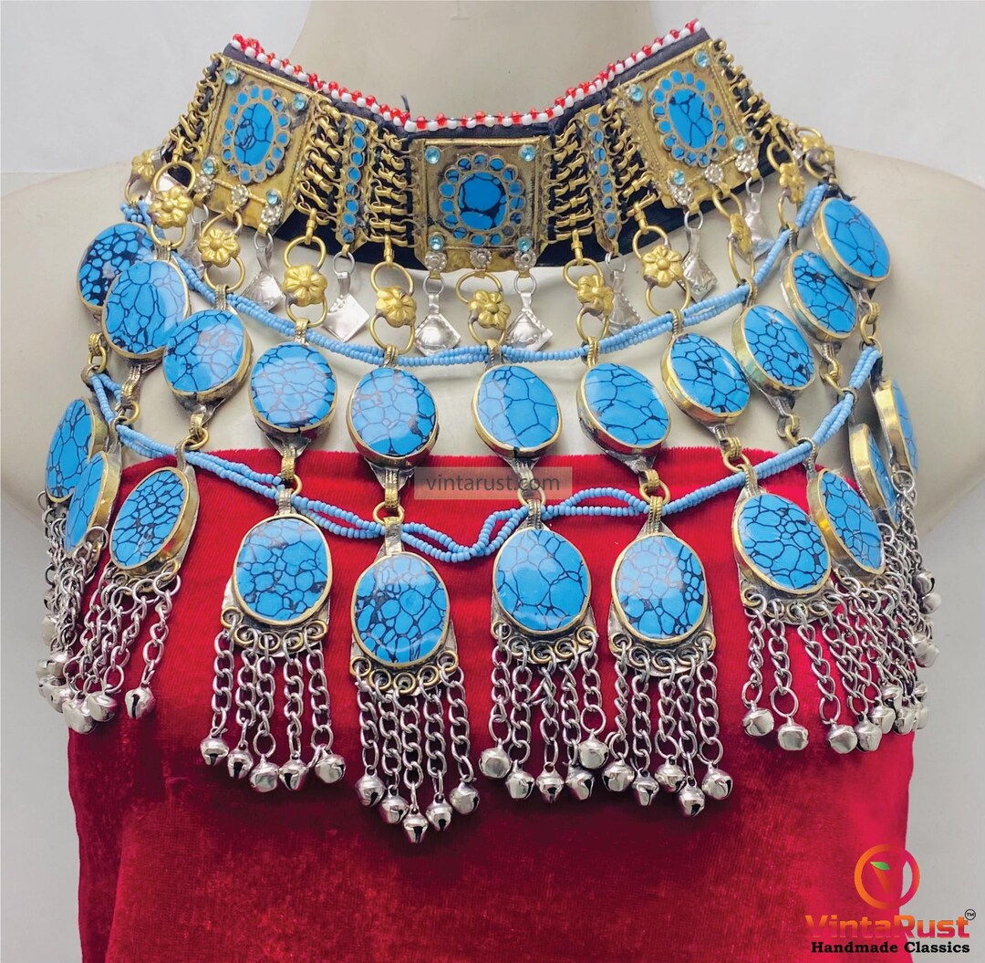 Turquoise Stone Choker With Bells: Afghan Bohemian Ethnic Statement ...